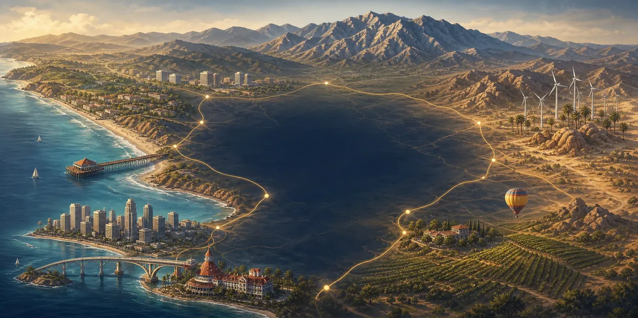 Illustrated Southern California service-area landscape with coastline, city skyline, mountains, vineyards, and Palm Springs wind turbines